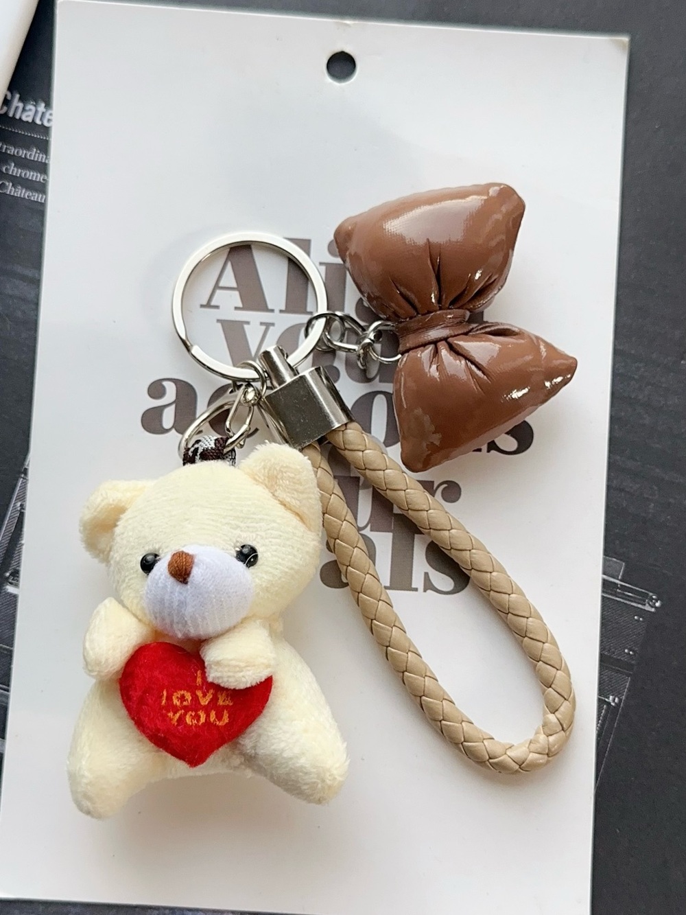 Plush Bear Keychain with Brown Bow and Tan Braided Strap